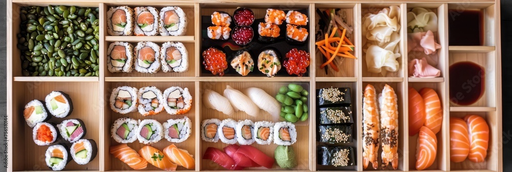 A top-down view of a wooden bento box filled with various types of sushi and sashimi, arranged neatly in separate compartments.