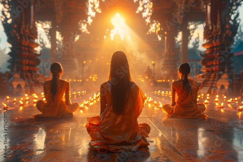 Symmetrically arranged women meditating in a temple, illuminated by candlelight against a mystical backdrop