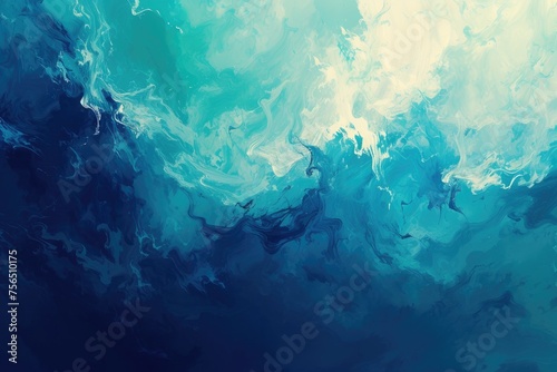 An abstract representation of the ocean meeting the sky, with deep blues gradually fading into soft turquoises and whites.
