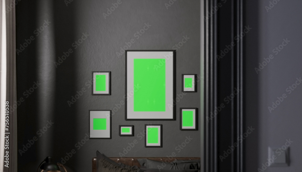 Group of Picture Frames with Green Screen on wall