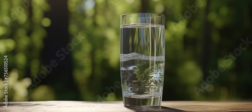 fresh clear mineral water in a glass with forest background 127