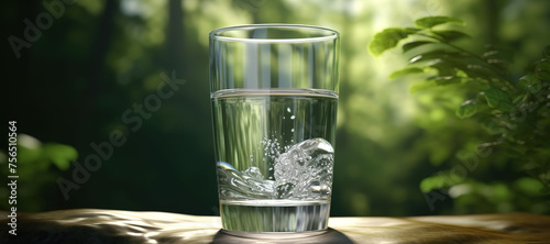 fresh clear mineral water in a glass with forest background 125