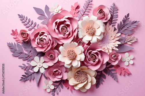 Roses bouguet in pastel tone on pink background from Paper Cut Out Effect