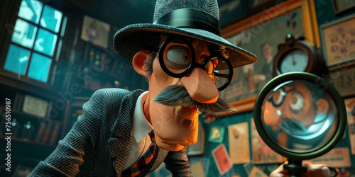 Cartoon man in a hat and glasses looking through a magnifying glass in a room analyzing something