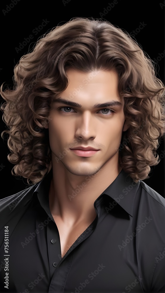 A handsome young man model with long curly brown hair wearing a black shirt. Illustration. Generative AI