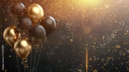 background for greeting card with balloons and confetti with video effects lens flayer lights and particles. 