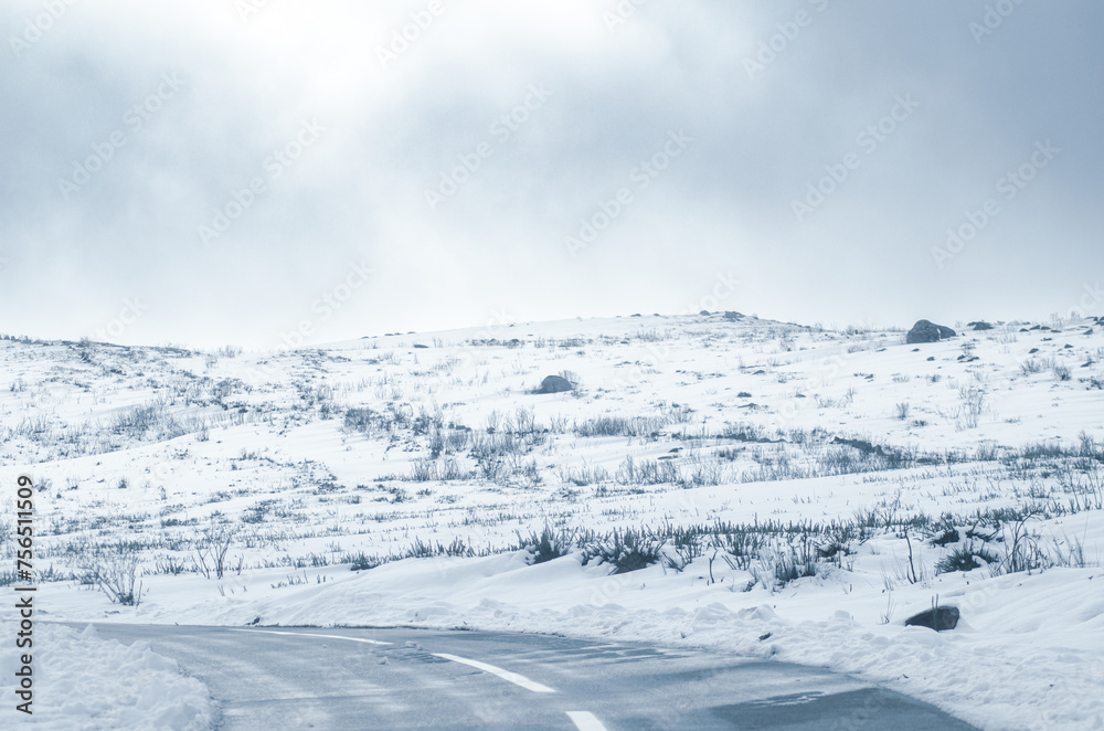 road in a snowy landscape in Peneda-Geres national park. Northern Portugal