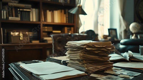 Stack of Reading Materials on Office Table, paperwork, stylish office, efficient, work atmosphere