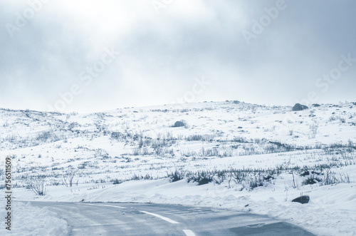 road in a snowy landscape in Peneda-Geres national park. Northern Portugal