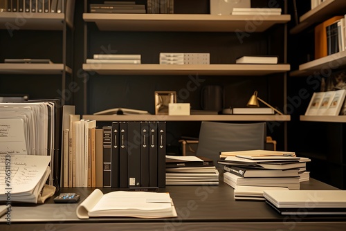 Assortment of Books and Files on Sleek Office Desk, orderly assortment, productive work setting, organization, workspace
