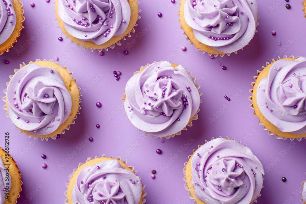 Delicious Cupcakes with Purple Frosting and Sprinkles on a Vibrant Purple Background, Top View