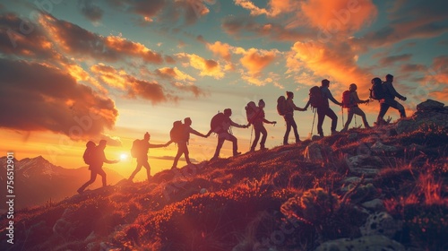 A panoramic view of a team of hikers, hand in hand, as they conquer the mountain peak, set against a spectacular sunset backdrop.