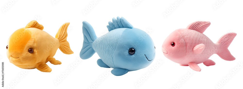 A Cartoon 3D Illustration of a Set of Colorful Fish Stuffed Animal Toy, Isolated on Transparent Background, PNG A Cartoon 3D Illustration of a Set of Colorful Fish Stuffed Animal Toy, Isolated on Transparent Background, PNG
