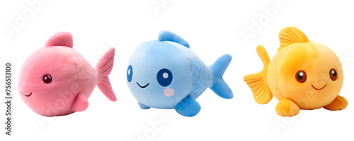 Colorful Fish Stuffed Animal Toy Set in a Cartoon 3D Illustration, Isolated on Transparent Background, PNG