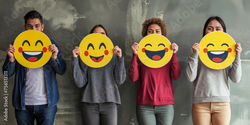 Healthy workplace culture concept. A group of diverse people holding happy emoticons. Teamwork photo