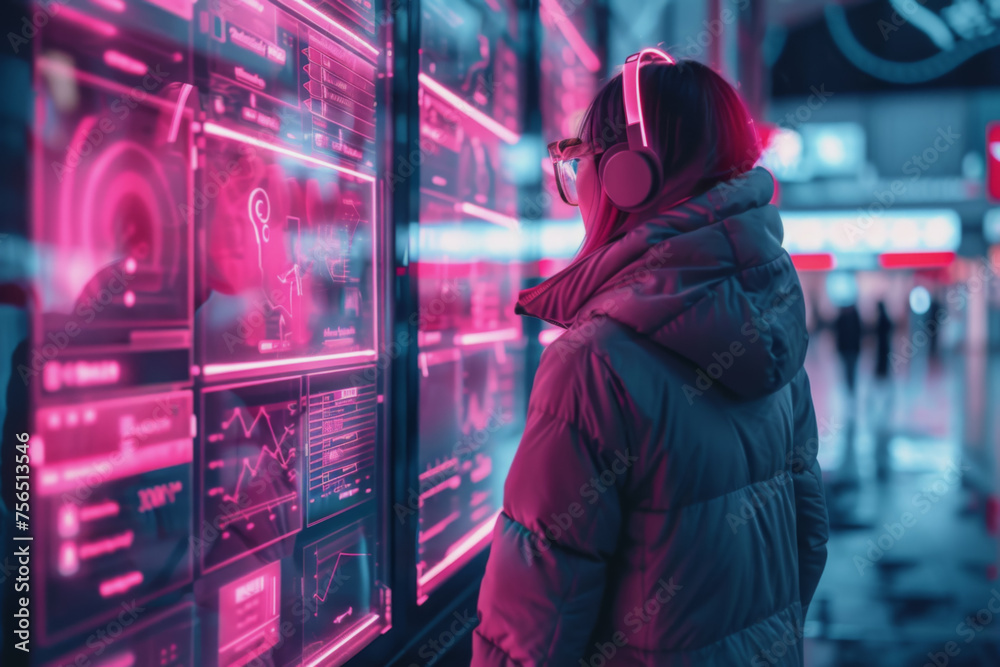 futuristic online shopping technology, females wear visual with pink neon backlights, buying online. futuristic online shopping technology, females wear visual with pink neon backlights, buying online.
