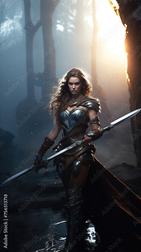 Beautiful blonde warrior girl in style of combat fantasy. Realistic rendering games concept