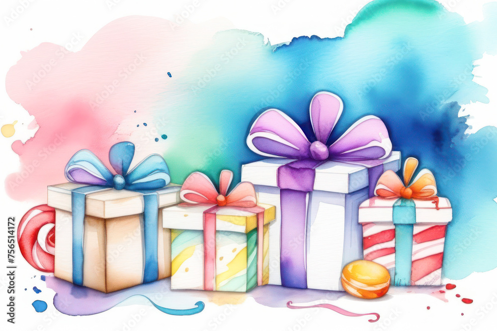 A birthday postcard aquarell colour frame. Place for text, made from lot of birthday gift boxes. free space for inscriptions. Amazing colors. A birthday postcard aquarell colour frame. Place for text, made from lot of birthday gift boxes. free space for inscriptions. Amazing colors.
