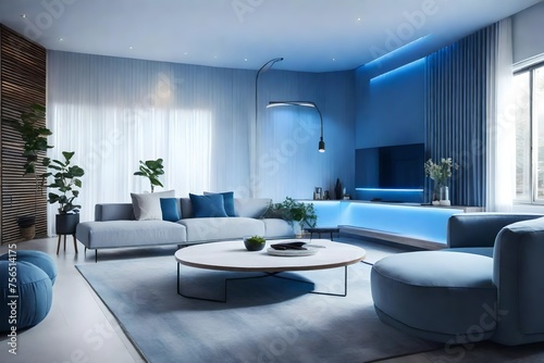 urban living space with floor-to-ceiling windows and bathed in the soft blue light © Ateeq