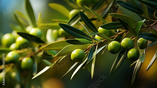 Close up shot of young olive tree with vibrant green leaves on blurred background