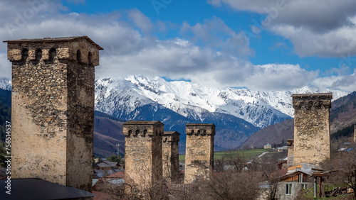 Ancient Svan towers stand as guardians of the mountains photo
