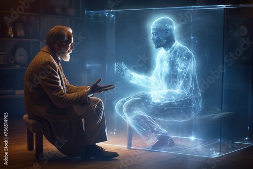 This thought-provoking image delves into the concept of digital immortality as a man engages in a conversation with a person whose consciousness has been uploaded to a computer.