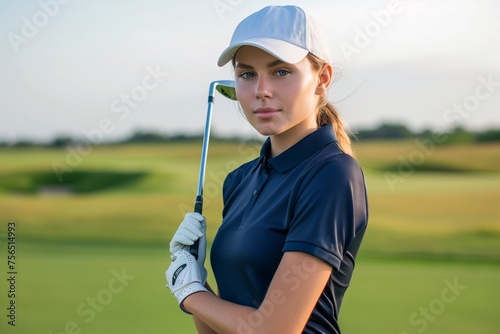 A professional golfer is standing on a golf course holding a golf club under the clear sky, ready to take a swing with her sports equipment