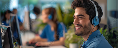 A man with a beard wearing headphones is smiling in front of a computer, sharing a happy moment of leisure. He looks relaxed and enjoys the fun and recreation of this event