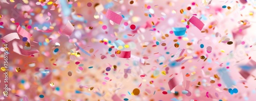 Colorful confetti falling against a pink background
