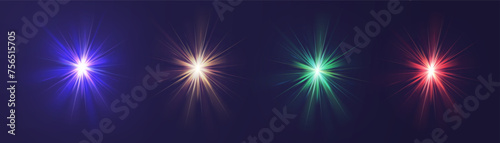 Crystal star. Crystal ray light, sun shines rainbow red yellow and blue color. Optical fire light effect. Vector lens glare leakage glare reflection effect. sunlight sparkle shine. Sunbeam