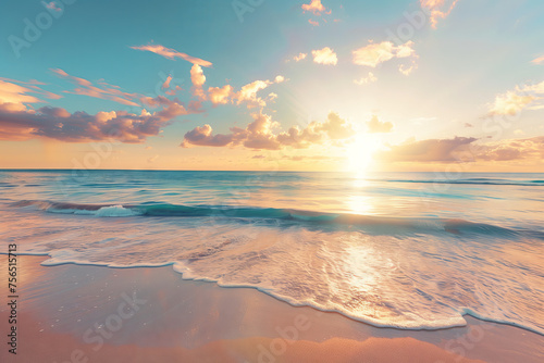 Golden Hour Beach Brilliance. Sun rays cascade over a vast beach  waves gently kiss the sand.