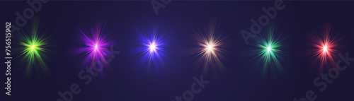 Crystal star. Crystal ray light, sun shines rainbow red yellow and blue color. Optical fire light effect. Vector lens glare leakage glare reflection effect. sunlight sparkle shine. Sunbeam