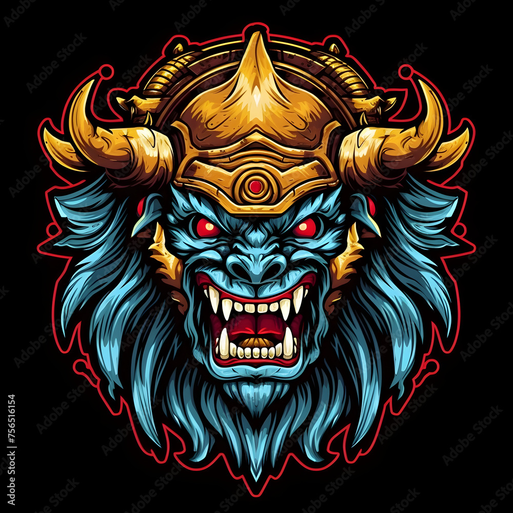 Strong Horned Ogre Chieftain Mascot. Scary Monster Illustration for T-shirt Design
