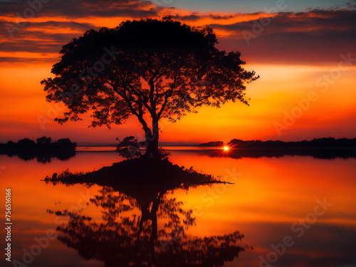 silhouette of tree near body of water during beautiful sunset