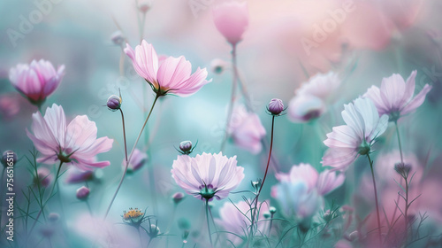 A field of cosmos flower, color from pink to lavender, with soft background. © Amy