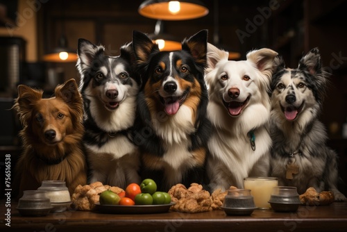 Immerse yourself in the delightful scene of a dog bakery  where a group of furry friends gathers to savor specially crafted treats. The cozy cafe setting is designed exclusively for dogs.