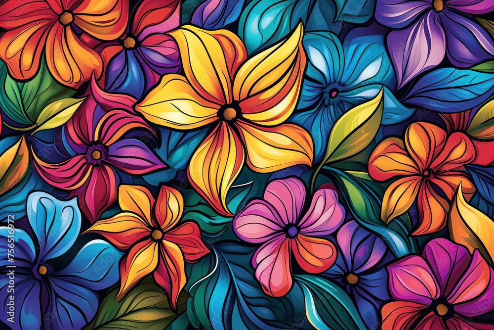 Vibrant red, yellow, and blue flowers in a colorful arrangement on a black background Vibrant red, yellow, and blue flowers in a colorful arrangement on a black background