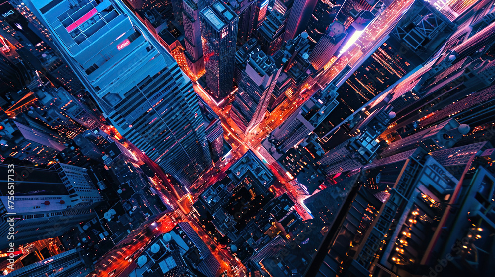 An aerial view of a busy city at night, bathed in a neon glow, with bustling streets forming a busy grid of city life