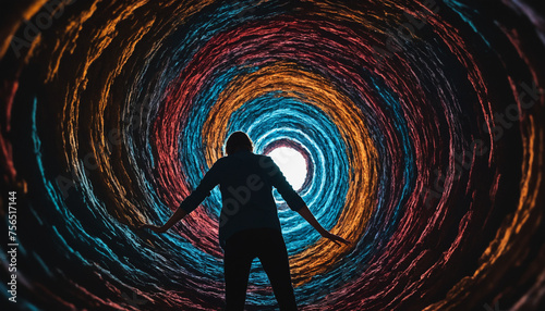 The overwhelming sensation of anxiety with an image of a person standing at the edge of a dizzying abyss. The background is a blur of chaotic colors, reflecting the disorienting nature of anxiety.