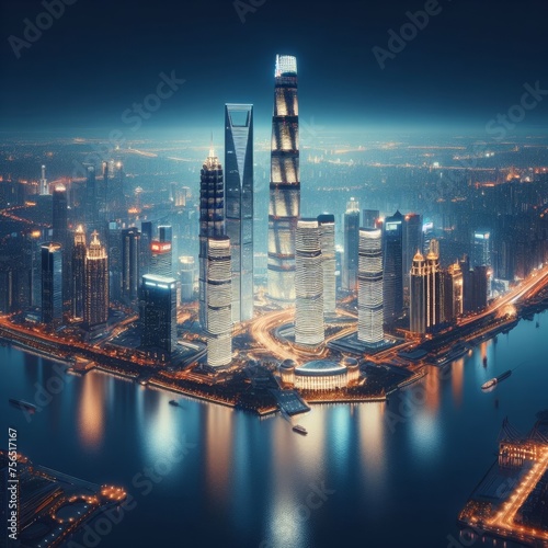 A breathtaking aerial view of futuristic skyline at night, showcasing iconic skyscrapers, illuminated buildings reflecting on the waters, and a mesmerizing display of urban architecture