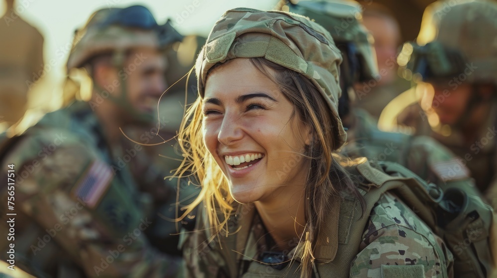 Female soldier enjoying laughter with comrades during a bright day