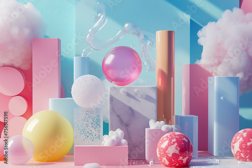 Abstract 3D pedestal podium. Minimal surreal scene for product display presentation. Stage for showcase with dreamy colorful geometric shapes. Cosmetic product stand