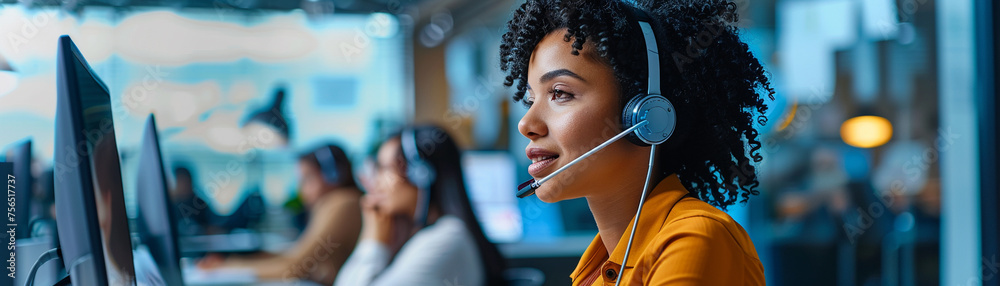 A customer support representative with a headset sitting at a call center desk - obrazy, fototapety, plakaty 