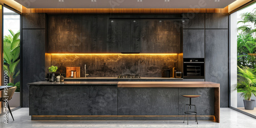 Luxurious contemporary kitchen featuring dark wood cabinets, spacious island with table and chairs