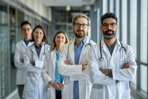 A portrait of a diverse team of doctors standing in front of a board