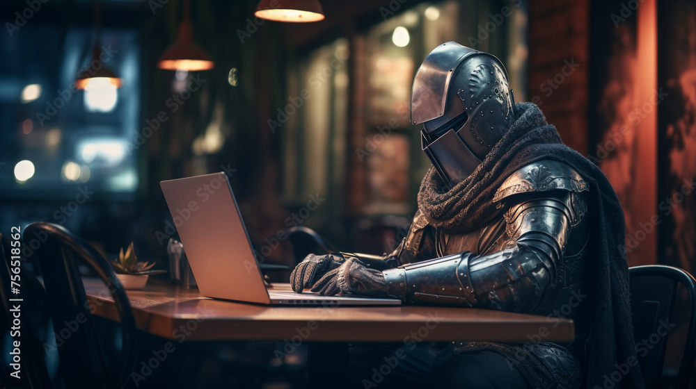 A medieval knight coding on a laptop in a cyberpunk cafe blending chivalry with futuristic technology