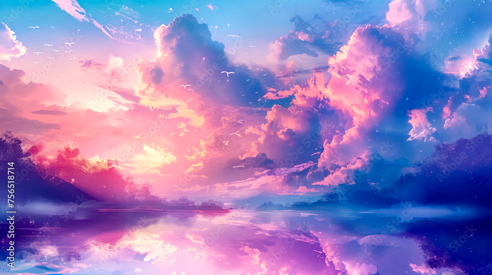 Dreamy pink sunset over tranquil lake