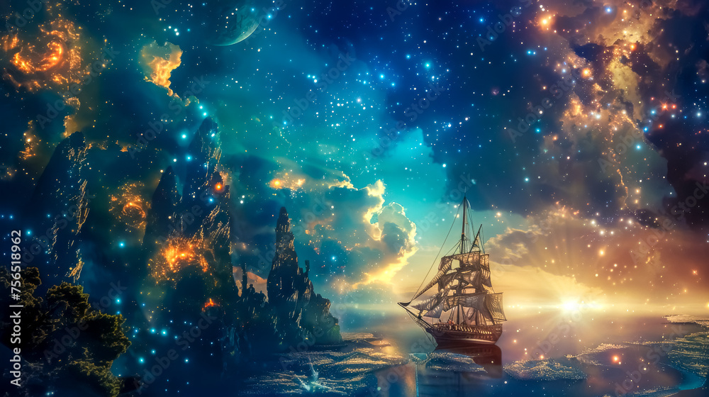 Mystical seascape with sailing ship at twilight - obrazy, fototapety, plakaty 