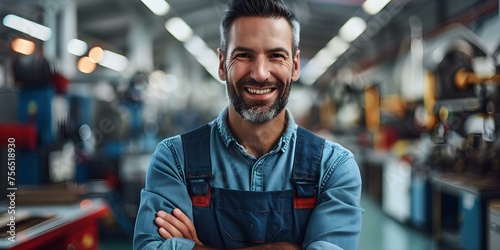 Smiling man in advanced auto factory skilled worker with technology equipment . Concept Manufacturing, Technology, Skilled Worker, Auto Factory, Equipment