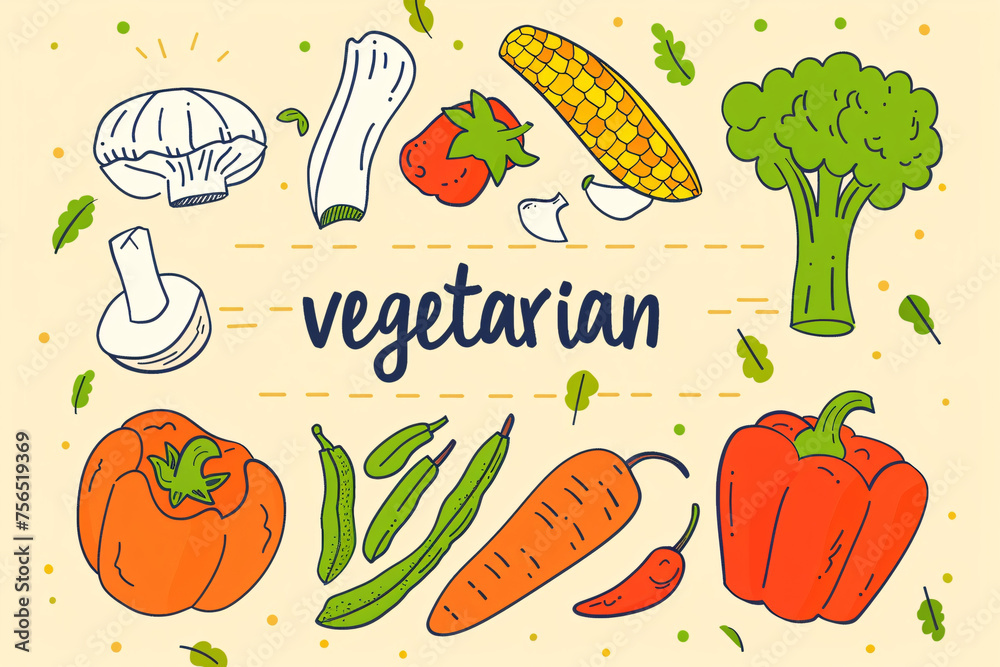 Hand-drawn vegetables with vegetarian text on a speckled background Hand-drawn vegetables with vegetarian text on a speckled background